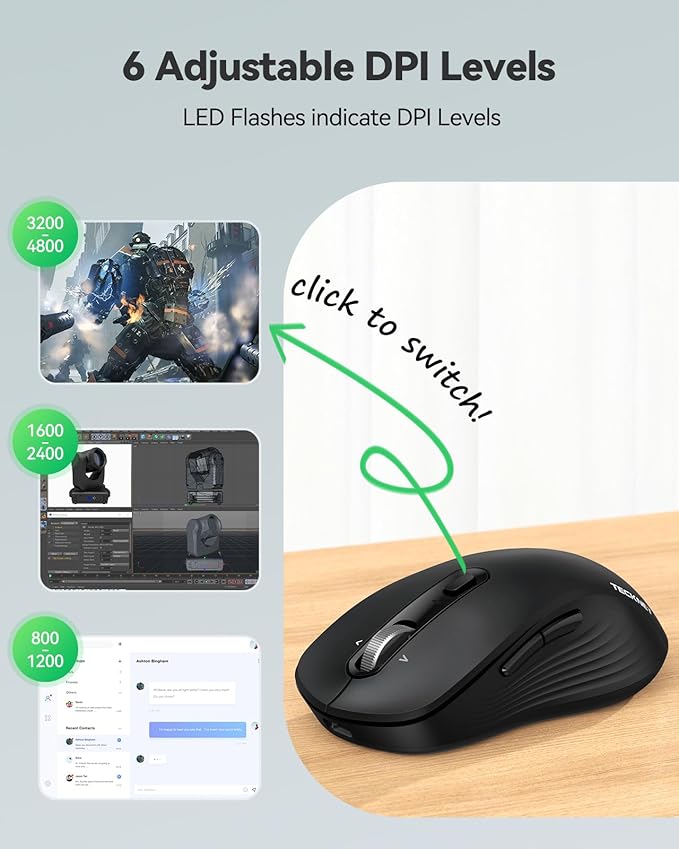 TECKNET Rechargeable Bluetooth Mouse, [ USB + BT5.0 + BT3.0 ] Wireless Mouse, Ergonomic 4-Way Scroll Wheel Computer Mice, 6-Level 4800 DPI Silent Mice, Multi-Device for Computer/Laptop/MacBook (Black)