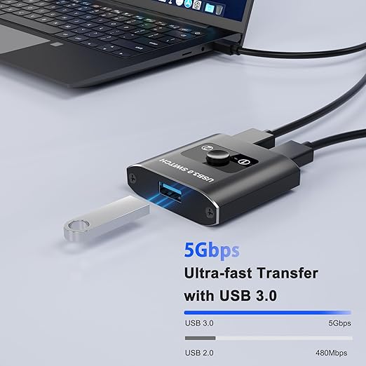 USB 3.0 Switch, Bi-Directional USB Switcher 2 in 1 Out/1 in 2 Out, Aluminum USB Switch 2 Computers Share 1 Device for Printer, Mouse, Keyboard, with 2 USB 3.0 Cables