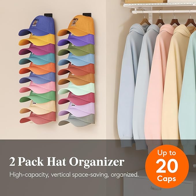 Lifewit Wall-Mounted Hat Organizer, 20 Baseball Caps Storage with Elastic Clamp (Each Holds 10), Over-the-Door Hat Rack, Dual Installation with Nails or Adhesive, Closet Cap Holder, Black, 2-Pack