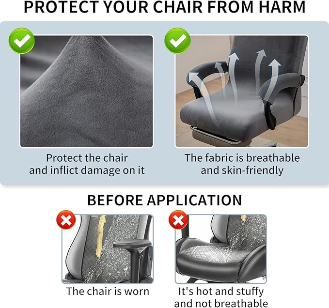Office Chair Cover with Armrest Covers, High Resilience Velvet Fabric, Universal Fit 22-25 inch Back (Grey)