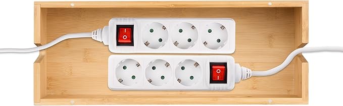 Relaxdays Cable Box for 2 Power Strips, Bamboo, H x W x D: 15.5 x 42 x 16 cm, Hide Cables, Socket Box, Natural