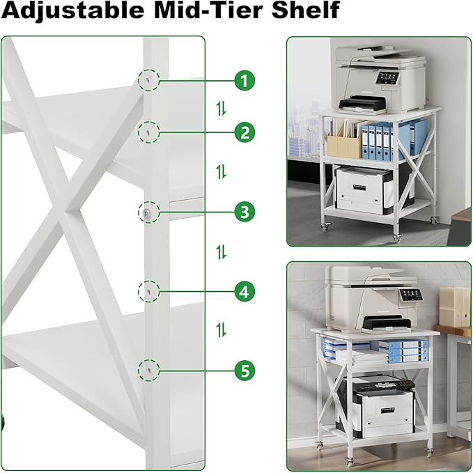 3 Tier Printer Stand, Large Table with Wheels, Rolling Cart with Height Adjustable Middle Storage Shelf, 23.6 x 23.6 x 30.3 Inches Shelf for Home Office, White