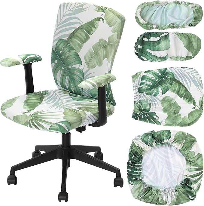 Tallew 4 Pcs Office Chair Covers Set Computer Universal Protective Stretchable Chair Seat Covers Desk Armrest Cover Pads Office Cushion Backrest for Rotating(Palm Leave,Green)