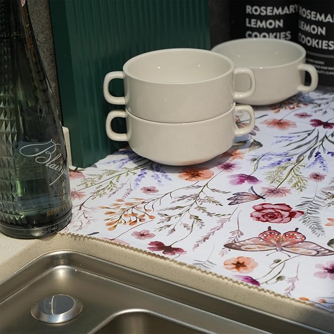 Floral Shelf and Drawer Liner for Kitchen Cabinets,16IN x 10FT Non-Adhesive and Strong Non-Slip Cabinet Drawer Liners for Kitchen Shelf, Waterproof Cupboard Liners,Easy to Clean