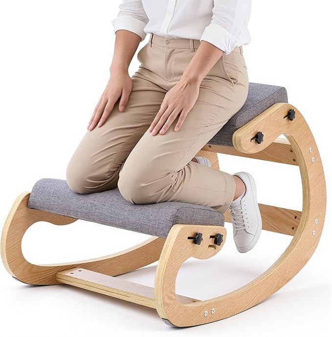 VEVOR Ergonomic Kneeling Chair, Wooden Posture Knee Chair with Adjustable Thick Foam Cushions & Solid Wood Frame, Adjustable Height, Relief for Neck or Back Pain for Home, Office or Meditation, Gray