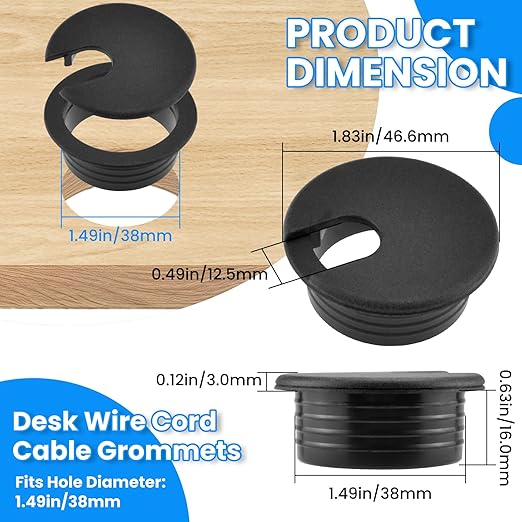 1-1/2 inch(38mm) Black Desk Hole Cover Grommet ABS Plastic Wire Organizers for Computer Desk Cabinet (3 Pack)