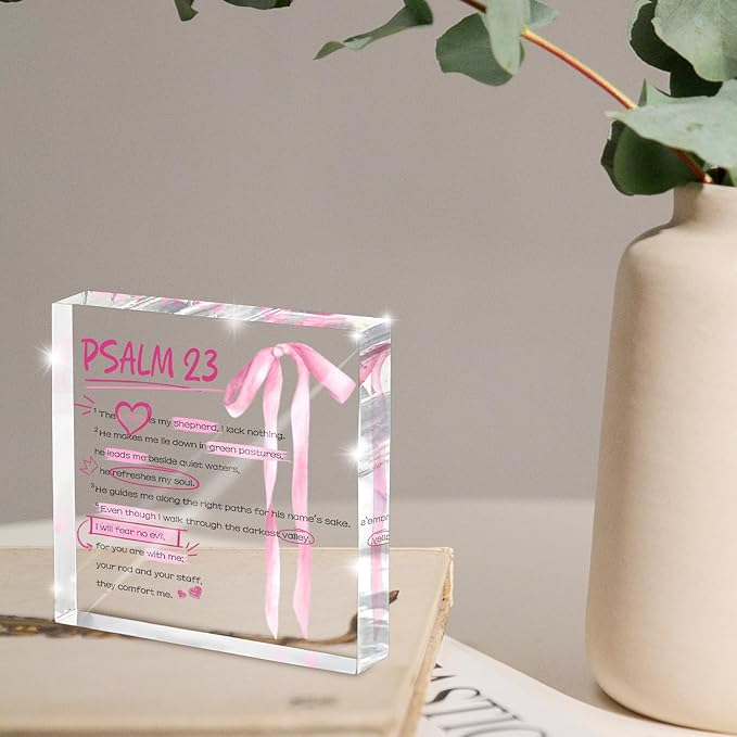 Pink Bow Room Decor, Valentines Day Decor, Inspirational Bible Verse Quotes, Christian Psalm 23 Gifts for Women, Coquette Aesthetic Bow Dorm Decoration, Acrylic Office Desk Accessories Decoration