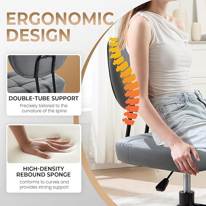Criss Cross Chair Armless Office Chair for Cross Legged Sitting, 300lb Heavy Duty Ergonomic Desk Chair for ADHD, Adjustable Meditation Yoga Kneeling Chair with Brake Wheels for Home Office (Grey)