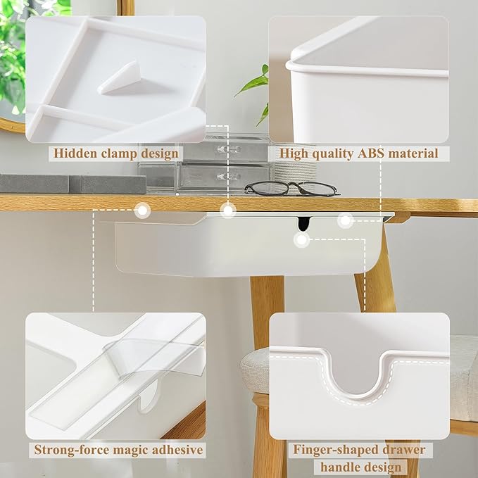 FRETONBA Large Under Desk Drawer Slide Out Organizer, Self-Adhesive Hidden Under Table Storage Drawer, Desk Drawer Attachment for Home Office Kitchen, White