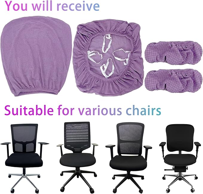 4Pcs Office Chair Covers Stretchable Set Desk Chair Cover Computer Chair Cover with 4 Non-Slip Elastic Straps Protective Armrest Slipcovers Pads Backrest Cushion for Rotating Chair (Purple)