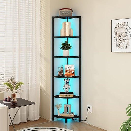6-Tier Corner Shelf with LED Lights - 65" Tall Narrow Bookshelf, Standing Shelf with Storage Rack, Sturdy Metal Frame & Waterproof Shelves, Rustic Brown, for Living Room/Bedroom/Bathroom