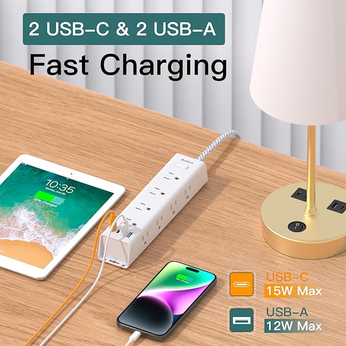 Surge Protector Power Strip - 10 FT Extension Cord, Power Strip with 12 Widely AC Outlet 4 USB, Flat Plug Wall Mount Overload Protection, 1050J, Desk Charging Station for Home Office, ETL Listed,White