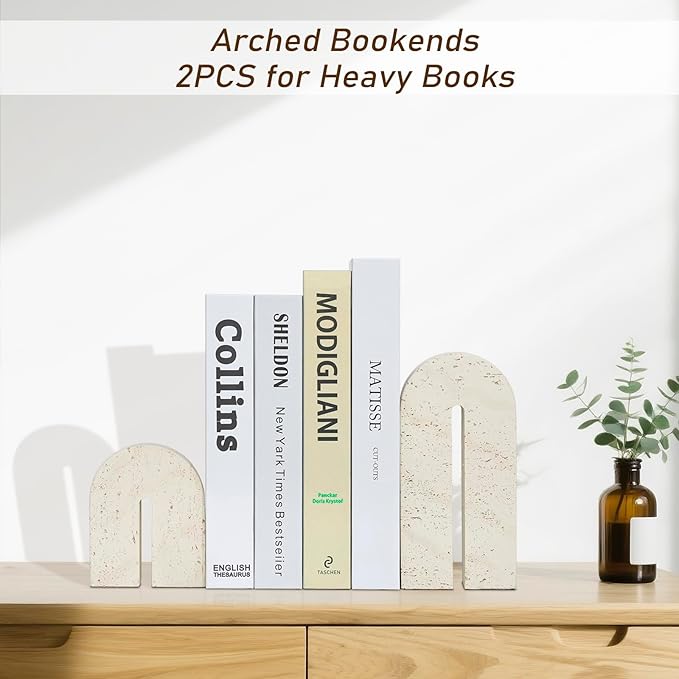 BOHDK Book Ends for Shelves, Resin Heavy Duty Decorative Bookends, Retro Arch Book Holder for Heavy Books, Imitation Travertine Book Stopper for Home Decor, Study, Bookshelf, Desktop, Set of Two