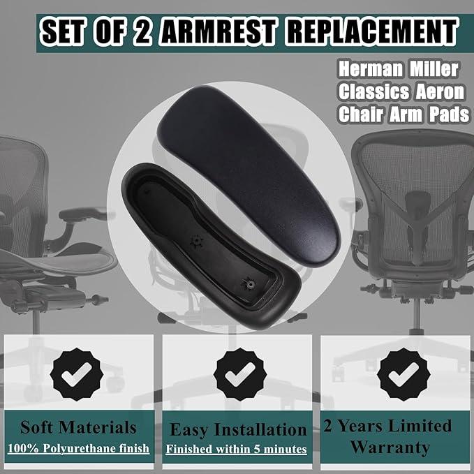 Chair Armrest Replacement, Arm Pad Caps Replacement for Herman Miller Classic Aeron Chair Graphite Black 1 Pair