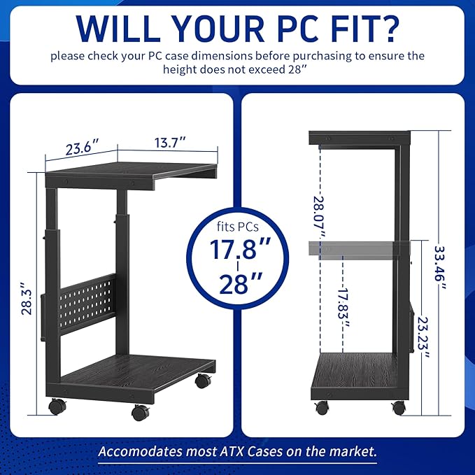 Computer Tower Stand/PC Tower Stand with Wheels, Dual Tier & 5-Level Adjustable CPU Holder Cart (23.2-33.5") — Under Desk Floor PC Stand for Gaming & Home Office [Black]