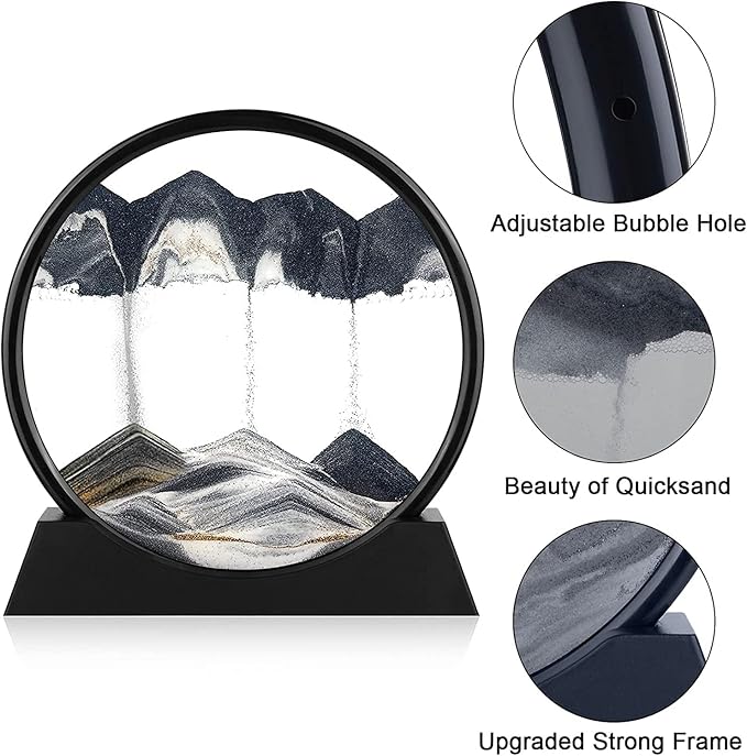rysnwsu 3D Dynamic Sand Art Liquid Motion, Moving Sand Art Picture Round Glass 3D Deep Sea Sandscape in Motion Display Flowing Sand Painting Relaxing Desk Toys (Black, 7'')