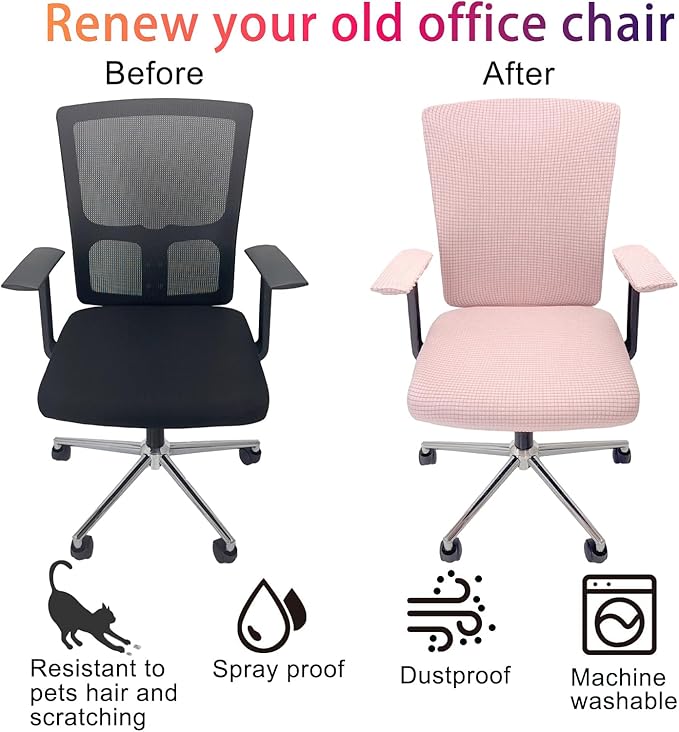 4Pcs Office Chair Covers Stretchable Set Desk Chair Cover Computer Chair Cover with 4 Non-Slip Elastic Straps Protective Armrest Slipcovers Pads Backrest Cushion for Rotating Chair (Pink)