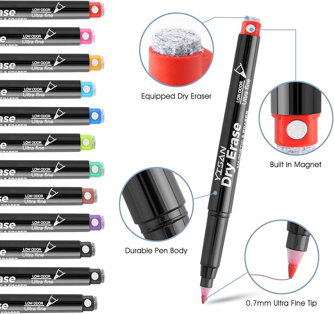 YISAN Dry Erase Markers Ultra Fine Tip,0.7mm Extra Fine Point, Magnetic Whiteboard Markers with Eraser,Assorted Colors,Low Odor,12 Count,70566