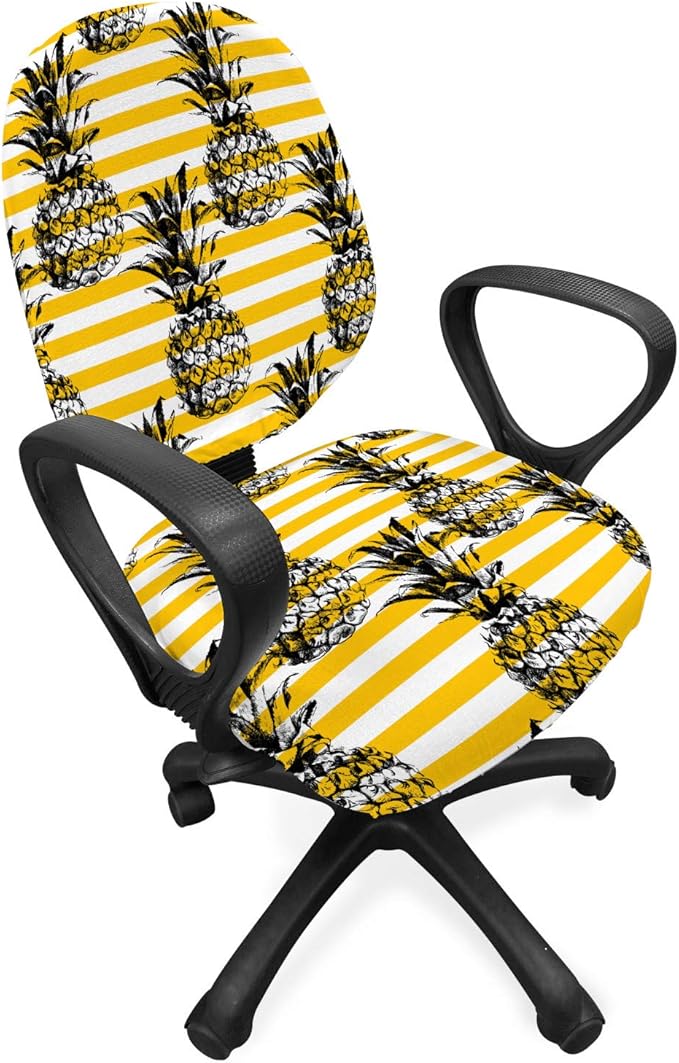 Ambesonne Fruits Office Chair Slipcover, Modern Pineapple Motif on Minimalist Backdrop Digital Composition, Protective Stretch Decorative Fabric Cover, Standard Size, Yellow White