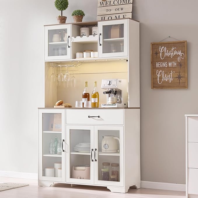 Fatmok 71" Pantry Cabinet with Wine Rack and Charging Station, Set of 2 Tall Coffee Bar Cabinets with LED Lights, Drawer, Adjustable Shelves, Kitchen Hutch Storage,Off-White
