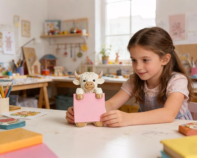 Highland Cow Pop-up Sticky Note Dispenser, Includes 1 Pad of 3x3 in Super Sticky Notes, 100 Sheets, Resin Cute Handmade Desk Holder for Office & Home-Beige