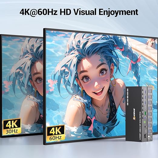 8 Port KVM Switch Displayport 4K@60Hz EDID Simulation, USB 3.0 DP KVM Switch for 8 Computers Share 1 Monitor and 4 USB Devices, KVM Switches with Audio RS232 Wired Remote 12V Power and 8 USB Cable