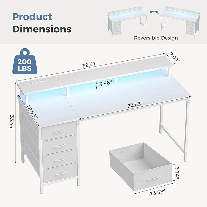 DUMOS Computer Desk with 4 Drawers,4 Drawer Gaming Desk with Power Outlets and LED Lights,Office Desk for Small Spaces with Monitor Shelf,Writing Desk for Home Office, Bedroom,Study 39 Inch White
