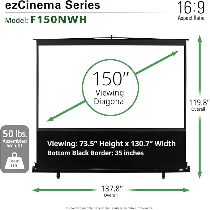 Elite Screens ezCinema 150" 16:9 Pull-Up Projector Screen, 8K/4K UHD Ready, Manual Portable MaxWhite B, Home Theater & Office, Manual, F150NWH