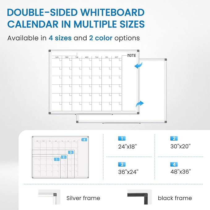 WALGLASS Dry Erase Calendar Whiteboard, 48" x 36" Monthly Large Dry Erase Calendar for Wall, Double-Sided Hanging White Board with Silver Aluminum Frame for Home, School, Office, Kitchen