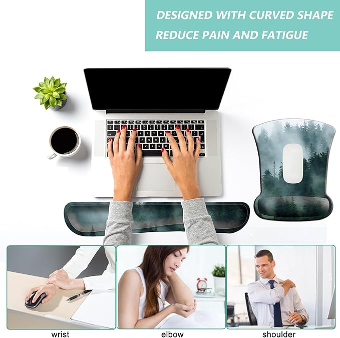 Keyboard Wrist Rest Pad Mouse Pad with Wrist Support Set of 3, Gaming Mousepad with Non-Slip Rubber Base, Ergonomic Memory Foam Mouse Cushion Support for Home Office Laptop Computer, Forest