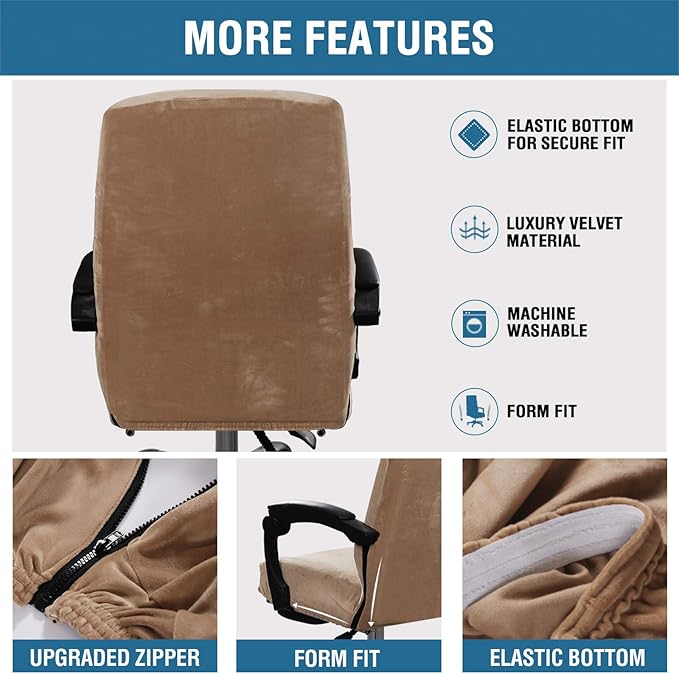H.VERSAILTEX Velvet Home Office Chair Covers Stretchable Computer Desk Chair Covers Mid - High Back Universal Executive Boss Chair Covers Gaming Chair Cover Removable Machine Washable, Camel