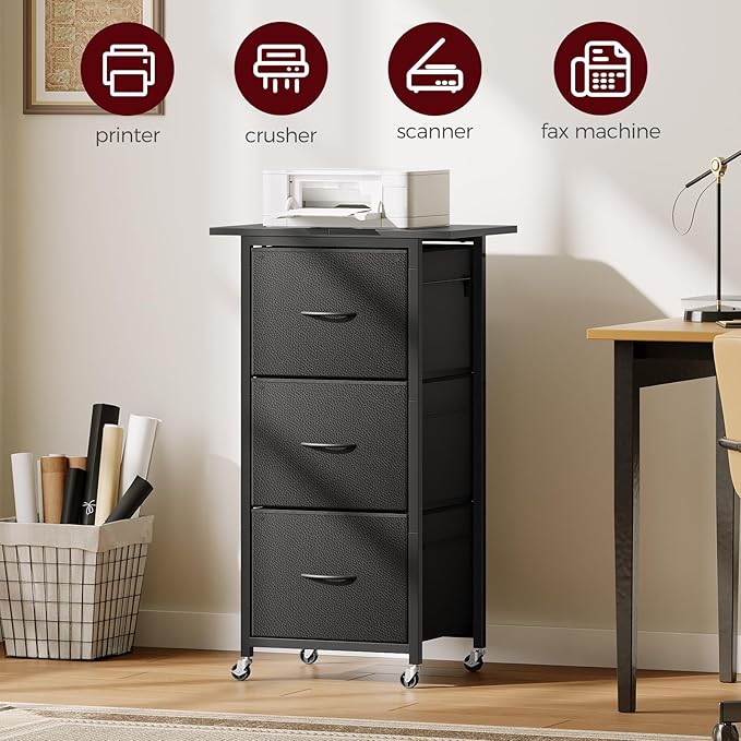 MAHANCRIS 3 Drawer File Cabinet, Vertical Filing Cabinet with Wheels, Printer Stand with Non-Woven Fabric Drawer, Adjustable Hanging Rods, fits A4/Letter Size, for Home Office, Black FCBK5901