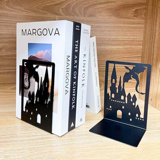 Book Ends, Bookends, Book Ends for Shelves, 1 Pair Non Skid Metal Book Divider Decorative Holder, Abstract Art Desgin Book Stopper Supports for Office, Home (Dragon C)