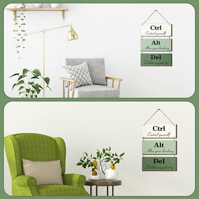 Qunclay 3 Pcs Office Wall Decor Green Wood Rustic Hanging Cubicle Decor Summer Inspirational Ctrl Alt Del Sign Decoration for Bathroom Indoor Home Living Room