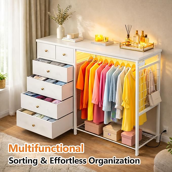 Simple Deluxe Storage Clothes Rack with 6 Drawers, Charging Station & LED Lights, Fabric Chest Shelves Clothing Rack, Wooden Portable Wardrobe Closet, 49.2" W x 15.7" D x 47.2" H, White