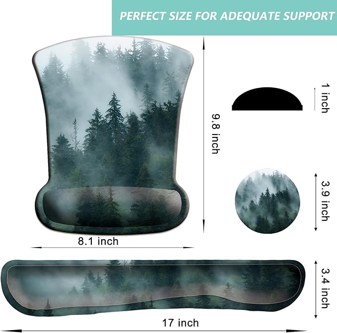 Keyboard Wrist Rest Pad Mouse Pad with Wrist Support Set of 3, Gaming Mousepad with Non-Slip Rubber Base, Ergonomic Memory Foam Mouse Cushion Support for Home Office Laptop Computer, Forest