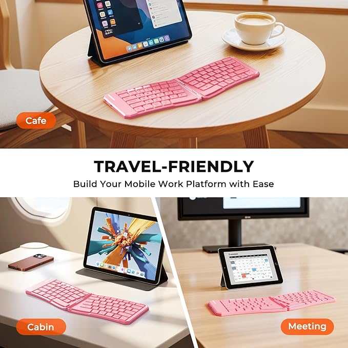 MEETION New Ergonomic Bluetooth Foldable Keyboard, Split Compact Portable Wireless Keyboard for Business Travel, Rechargeable Folding Keyboard for Tablet PC Smartphone iOS Android Windows Mac Pink