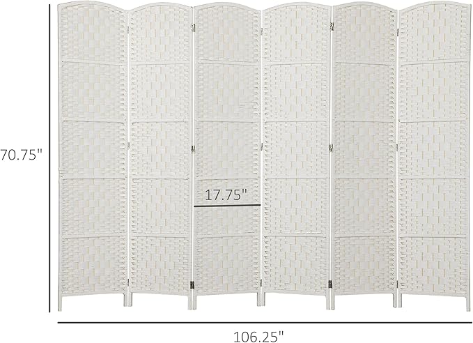 HOMCOM Room Divider 6 Panel, 6FT Tall Folding Privacy Screen, Freestanding Hand-Woven Partition for Room Separation with 360° Hinges, Paper Rope Diamond Weave, White