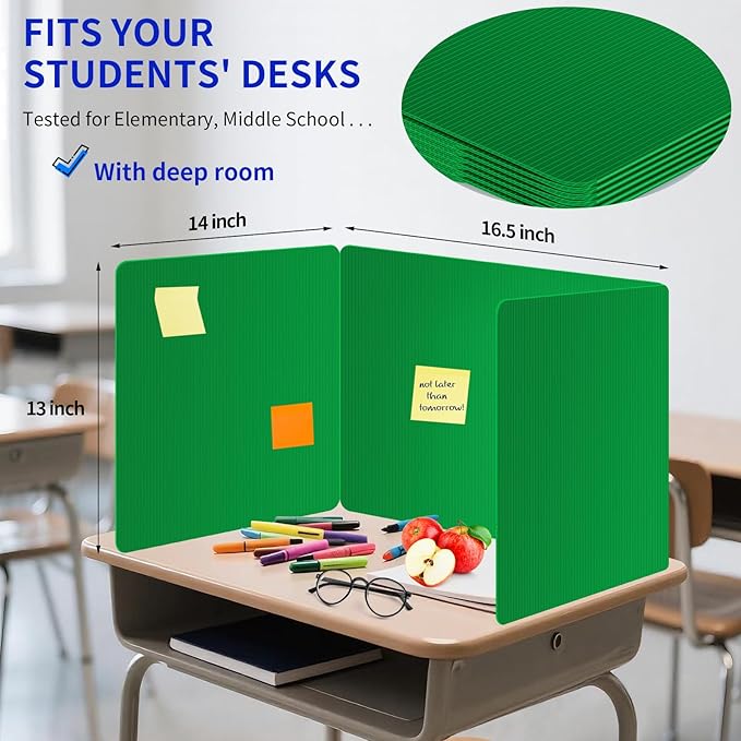 2 Pack Green Desk Dividers for Students, Privacy Shields Folder for Students, Durable & Waterproof Plastic Study Board, Classroom Teacher Supplies Test Divider, Includes Extra Labels