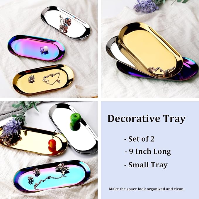 Stainless Steel Decorative Tray, Set of 2, 9 Inch Long, Jewelry Dish Cosmetics Organizer Bathroom Clutter Serving Platter Small Storage Tray, Oval, Silver