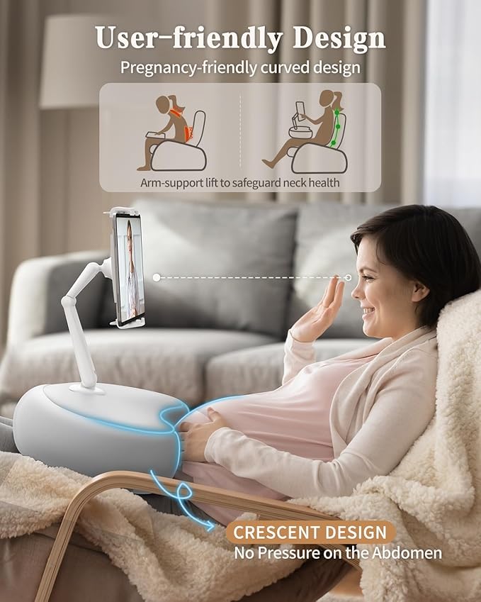 SAIJI Tablet Pillow Stand for Bed – iPad & Kindle Holder with Flexible Dual Axis Arm & Microbead Cushion, 360° Adjustable Lap Beanbag Phone Holder Fits Devices with 4.7"–15.6" Screens (Gray)