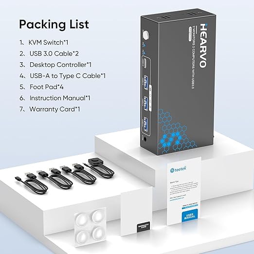 Hearvo HDMI DisplayPort KVM Switch 2 Monitors 2 Computers, 8K@60Hz Dual Monitor KVM Switcher with HDMI 2.1 & DisplayPort 1.4, USB 3.0 Hub,with Controller & 2 USB Cables & EDID Adaptive -S7240PH2