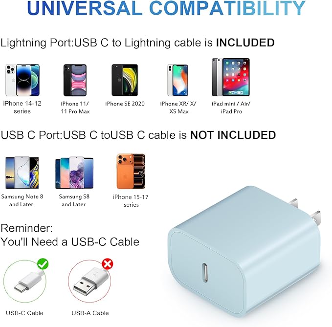 iPhone 14 13 12 11 Charger Fast Charging iPhone Fast Charger 3-Pack 20W iPad Chargers 6FT C Chargers Fast Charging Cord Whit iPhone 14/14 Max/13 Pro/13/12 Mini/12 Pro Max/11 Max/Xs and iPad (Blue)