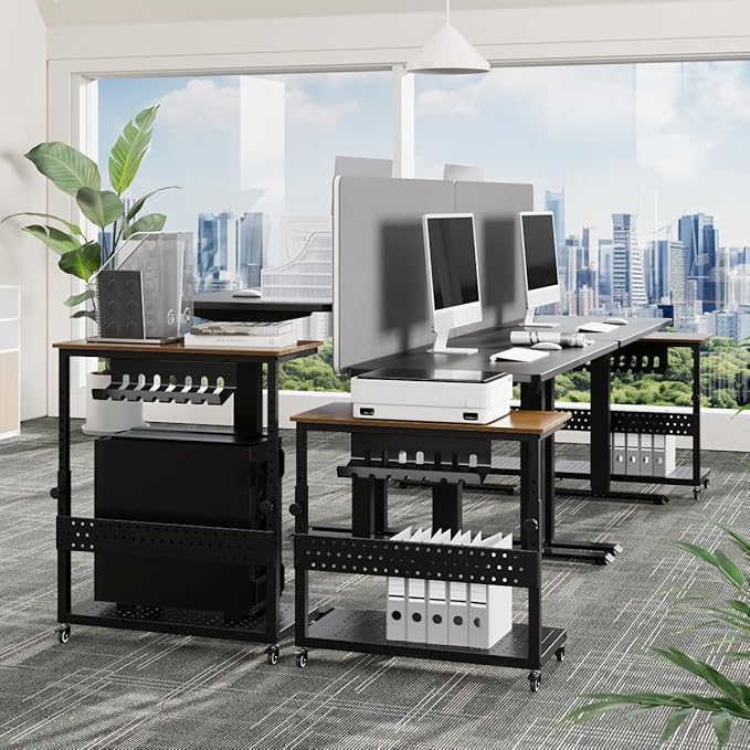 2-Tier Rolling Computer Tower Stand with Cable Management Rack, Height Adjustable CPU Holder Cart with Hooks for Gaming Home Office, PC Stand Fits Under Desk,Walnut