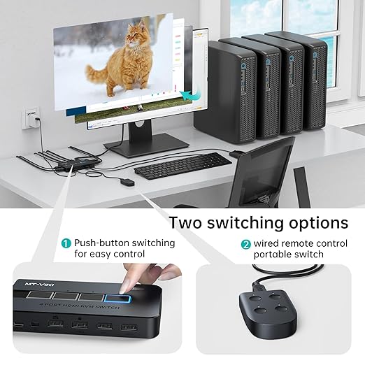 MT-VIKI KVM Switch HDMI 4 Port Boxes, 4K@30Hz USB HDMI KVM Console for 4 PCs Share 1 HD Monitor and Keyboard Mouse, Button + Desktop Selector Switching