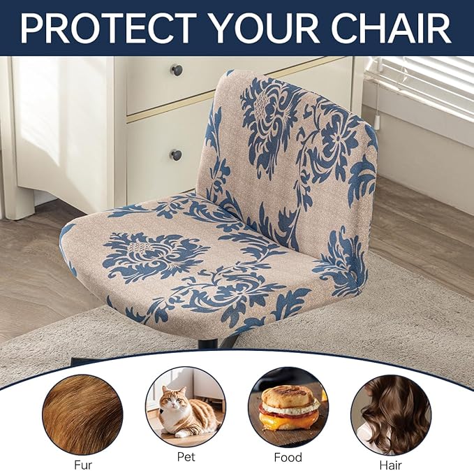 Armless Chair Slipcover Stretch Criss Cross Chair Cover, Mid Back Wide Seat Accent Chair Covers,Modern Vanity Chair Cover for Office Desk (Blue Flower)
