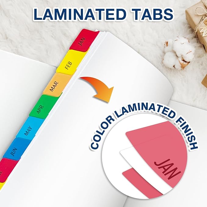 H4D Monthly Binder Dividers for 3-Ring Binder, Jan-Dec 12 Tab Dividers with Customizable Table of Contents, Multicolor Tabs, Reinforced Holes, Letter Size, Bright, 2 Sets