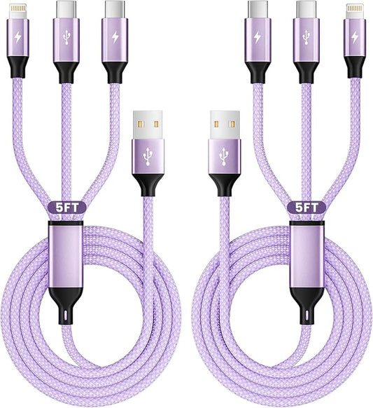 2Packs 4FT Multi Charging Cable with 2 USB-C/IP Port, Purple Charging Cords for Multiple Devices, USB C Splitter Cable, Universal Charger Cord Car Accessories for iPhone17-8, Androids iPad and More