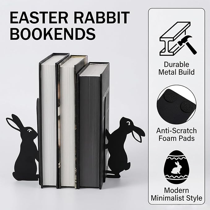 Bunny Metal Bookends for Shelves, Cute Black Rabbit Decorative Book Ends, Heavy Duty Rustproof Book Stoppers for Home Office & Study Desk, Ideal Gift for Rabbit Lovers & Book Lovers
