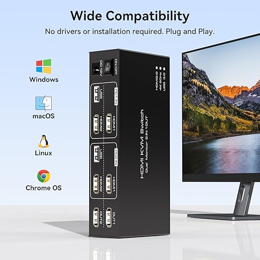 KVM Switch 2 Monitors 2 Computers 4K60Hz HDMI Dual Monitor KVM Switches for Dual PC Share 1 Set of Keyboard Mouse Printer Wired Controller 12V 1A DC Adapter and 2 USB 3.0 Cable Included